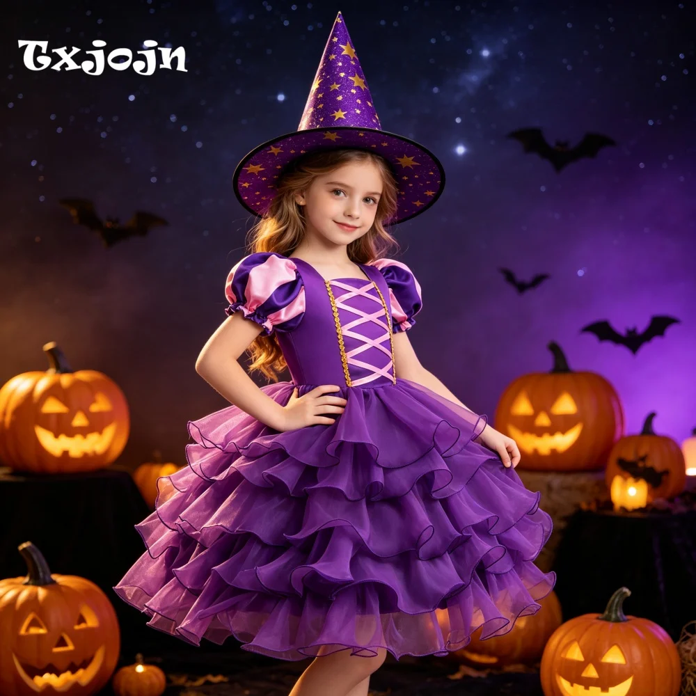 Halloween Girl's Dress with Free Hat 3-14 Years Old Girl's Layered Fluffy Dress Puff Sleeve Purple Mesh Dress Performance Dress