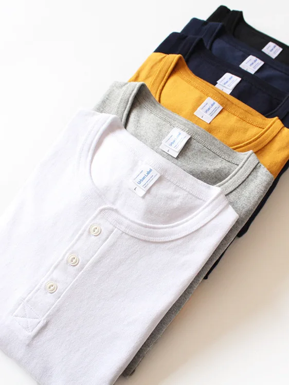 American Style Rough Pure Cotton Heavyweight Retro Henry Collar Long Sleeve T-Shirt Men's Ameika KhakiYY40