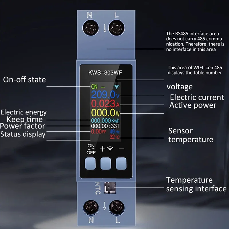 KWS-303 Digital Multi-functional Din Rail Voltage and Current Meter AC 100-290V/40A with Over Temperature Over-Current Power-Off
