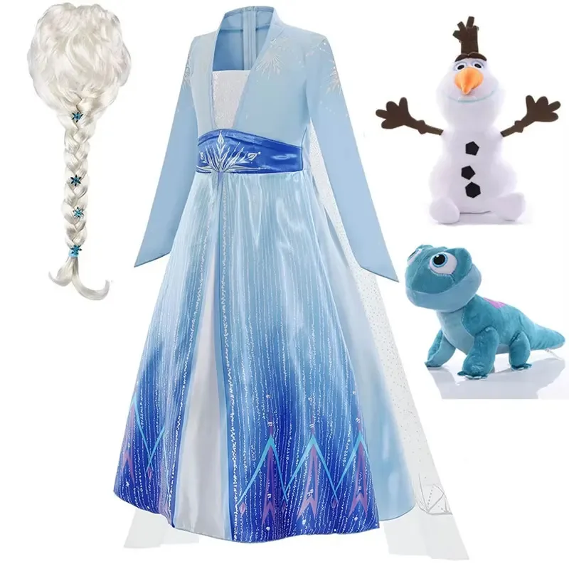Vestido azul de manga larga de Elsa para niña, vestido estampado fresco de verano, vestido de fiesta de cumpleaños de Elsa Cosplay + conjunto de accesorios