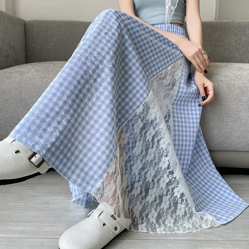 Korean Lace Patchwork Plaid Skirts Women Summer Sweet High Waist A Line Skirt Woman 2025 Fashion Pleated Loose Long Skirts Mujer