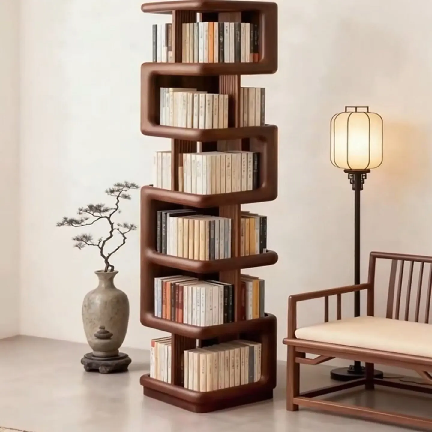 

Black walnut rotating floor shelf - corner cabinet for living room