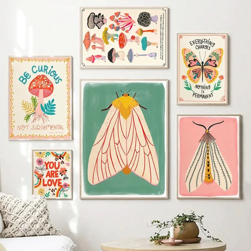 Animal Insect Poster Butterfly Flower Mushroom Canvas Painting Kids Room Kindergarten Wall Art Aesthetics Picture for Home Decor