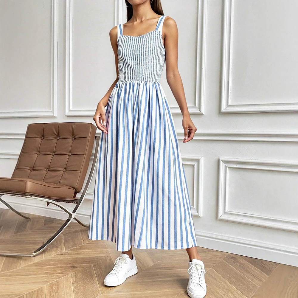 

Mia Muse Summer Dresses 2025 Comfy Daily Stripes Sleeveless Square Neck Midi Cami A-Line Long Dresses For Women