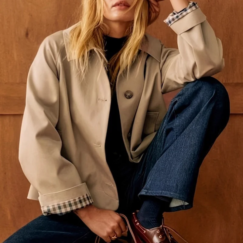 New Short Trench Coat for Women Lapel Button Down Oversized Casual Cropped Jacket with Plaid Checker