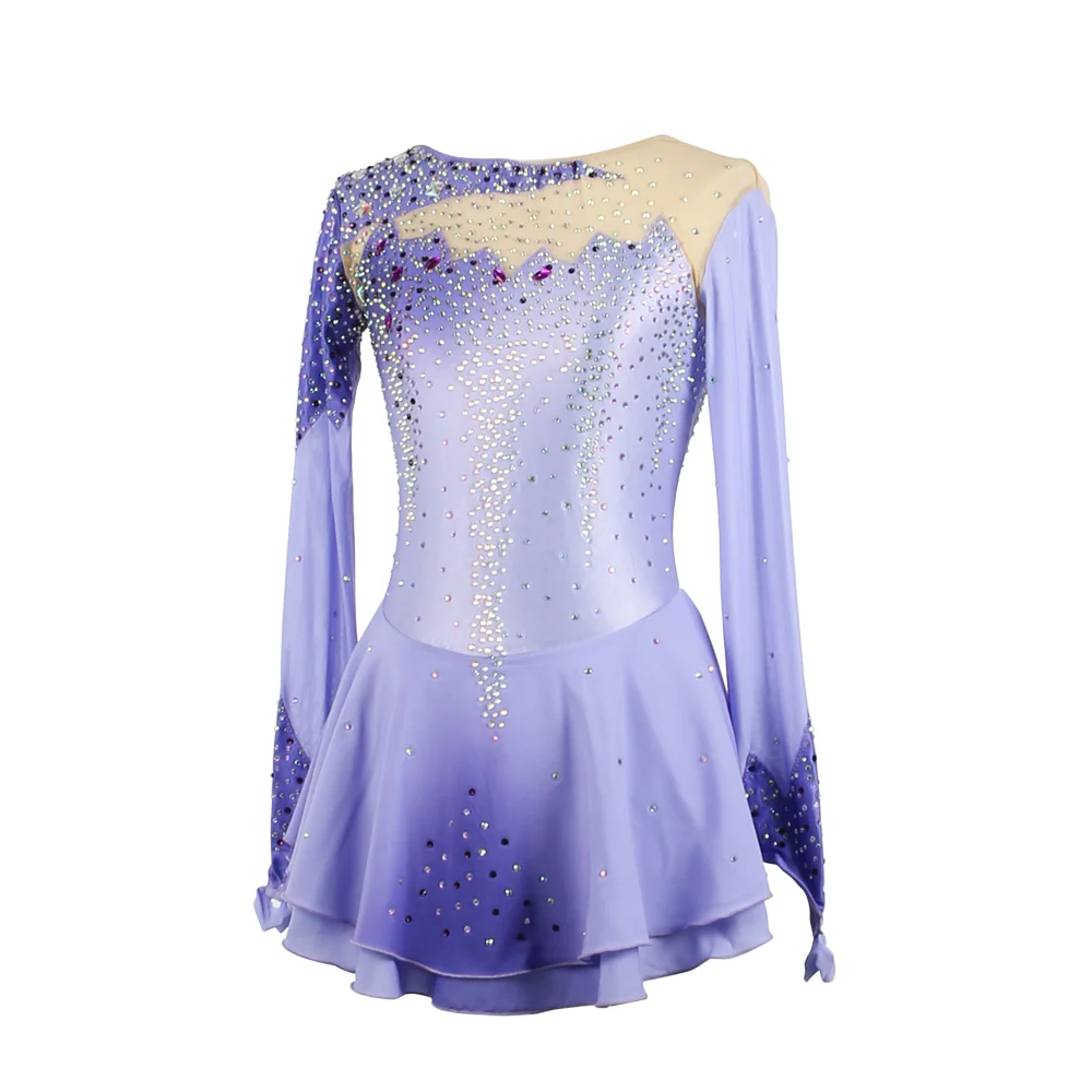 Vestido de patinaje artístico personalizado para mujeres y niñas, falda de manga larga, púrpura claro, patinaje sobre hielo con diamantes de imitación