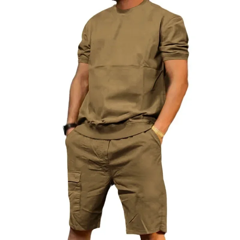Pop Summertime Men's Sports Suit Tooling Casual Multiple Bags Five Cent Shorts Casual Beach Round Neck T Shirt Two-piece Men's S