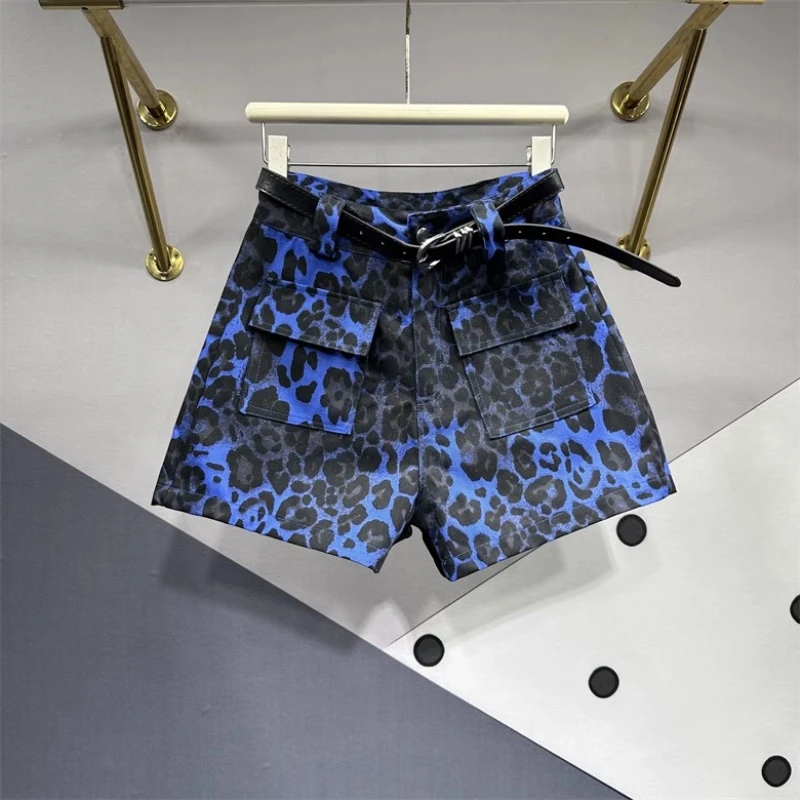 Summer Blue Leopard Print Denim Shorts Women 2024 New High Quality Sexy Spicy Girl Slimming A-Line Wide Feet Hot Pants Trend