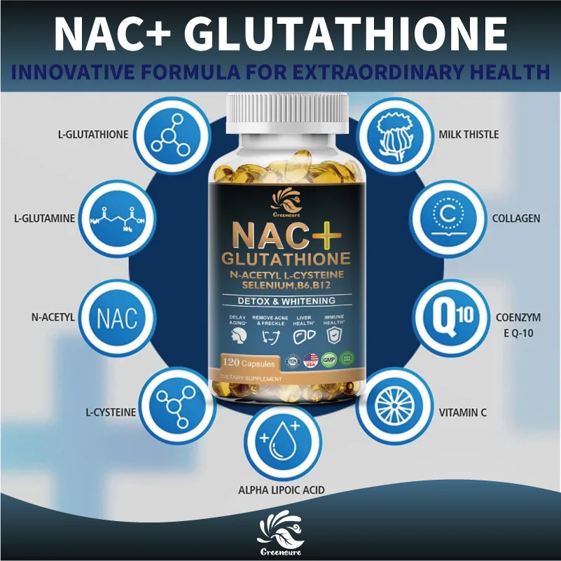 Greensure 60/120pcs NAC Glutathione Capsules Collagen Antioxidant, Immune & Thyroid Support - Non-GMO, Vegan