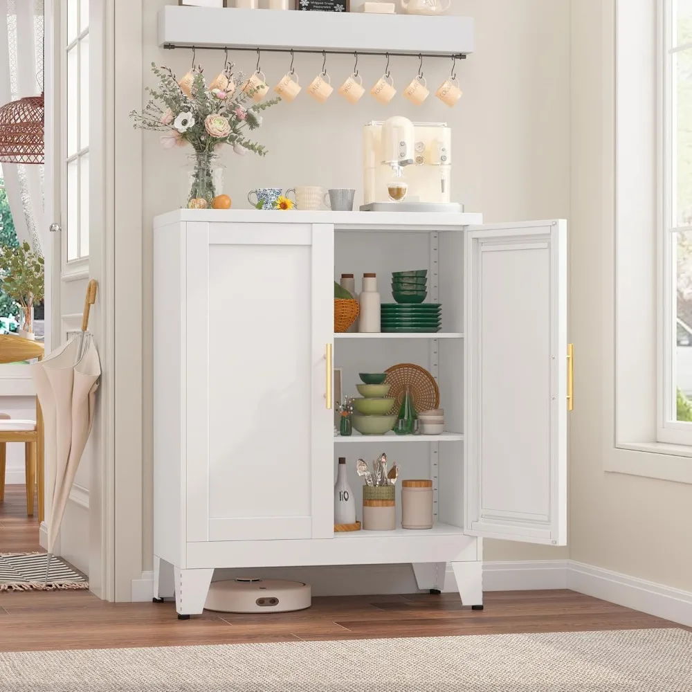 

35.83" Metal Bathroom Floor Cabinet, Storage Cabinet with 2 Doors and 2 Adjustable Shelves, White Kitchen Pantry Storage, Freest