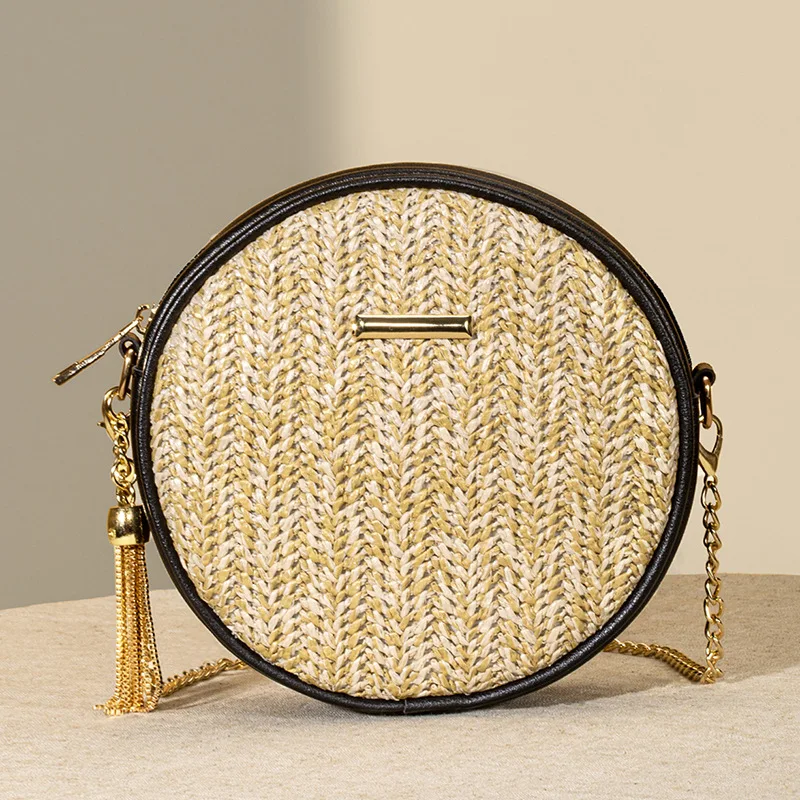 Cute New 2023 Summer Mini Straw Raffia Round Bag Zipper Closure Beach Bohemia Style Simple Crossbody Shoulder Metal Tassel Chain