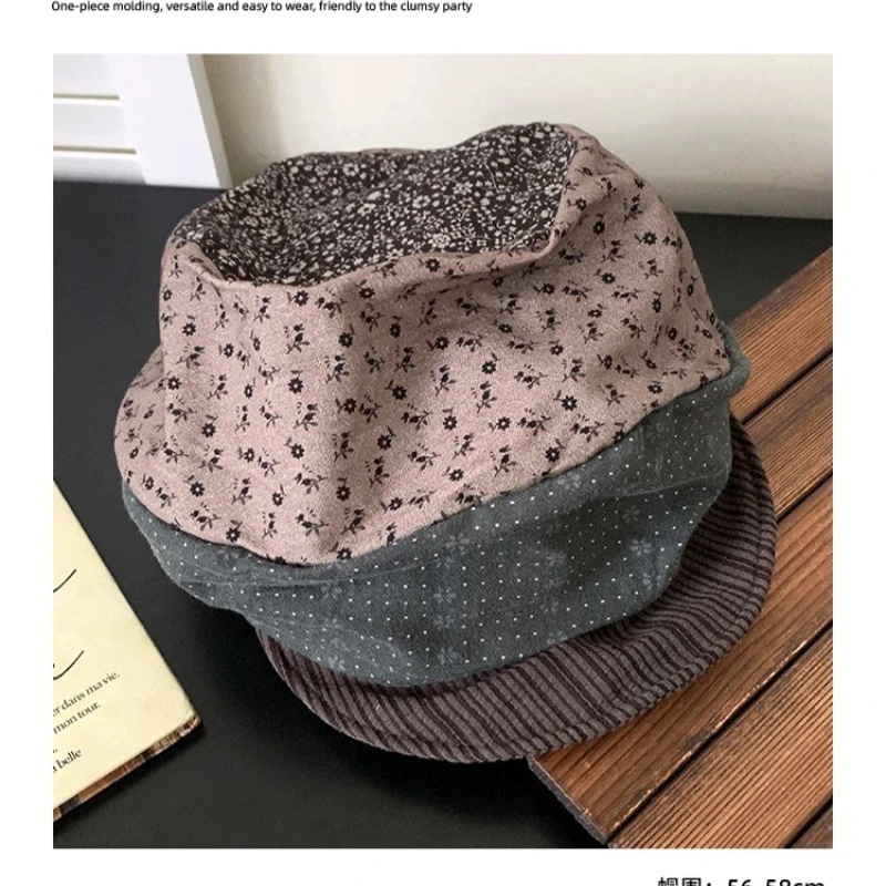 Koreanischer Stil Patchwork Blumenmuster Baskenmütze Herbst Literarisch Retro Große Ausführung Weiche Krempe Modische Achteckige Newsboy-Kappen für Damen – Detail 5