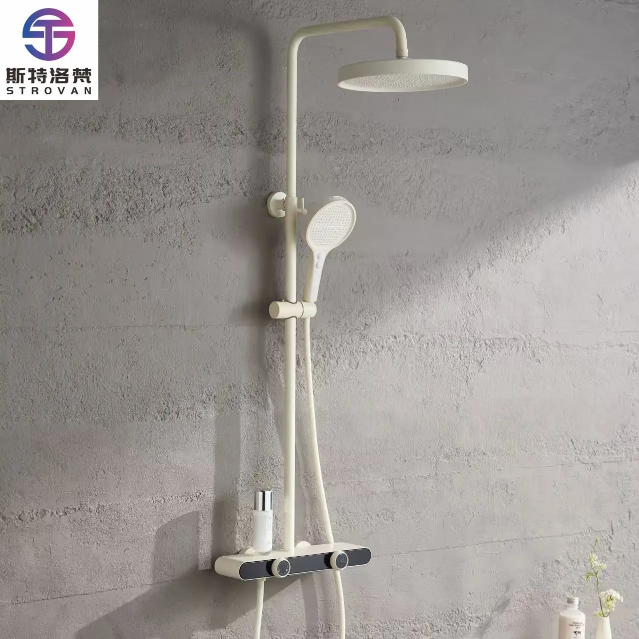 

Simple Milky White Round Shower Head Set Hot and Cold Bathroom Faucet with Storage Table