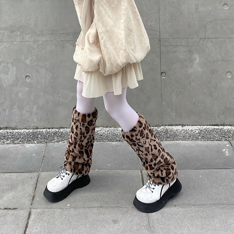 Plush leopard pattern Leg Warmers warm autumn and winter Plush thickening Millennium Y2K Harajuku leg Warmer woman Gothic