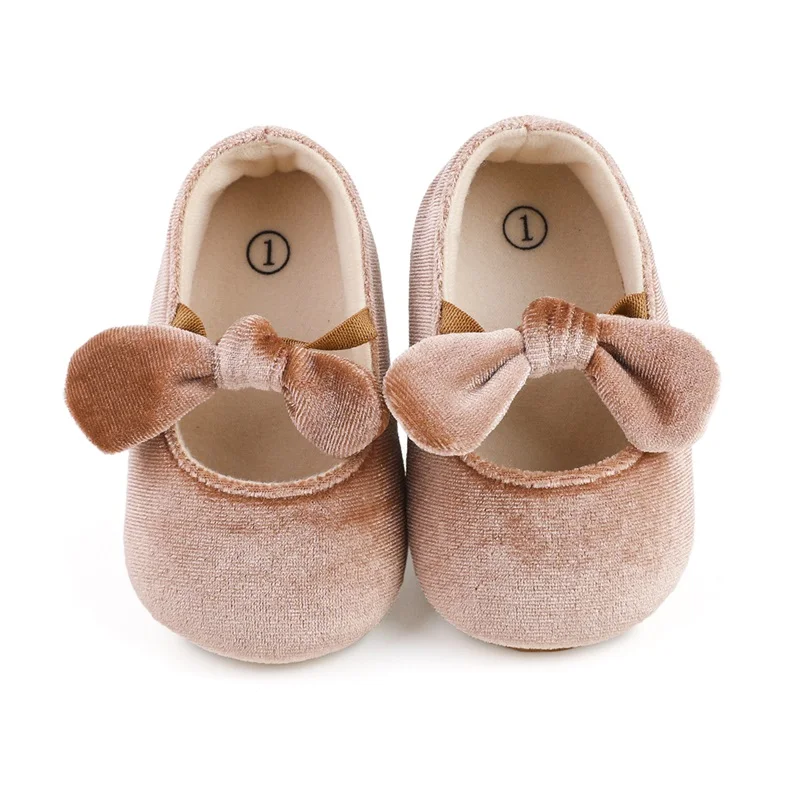 

0-18M Newborn Baby Girls Mary Jane Flats Bowknot Princess Dress Shoes Non-Slip Velvet Crib Shoes for Infants