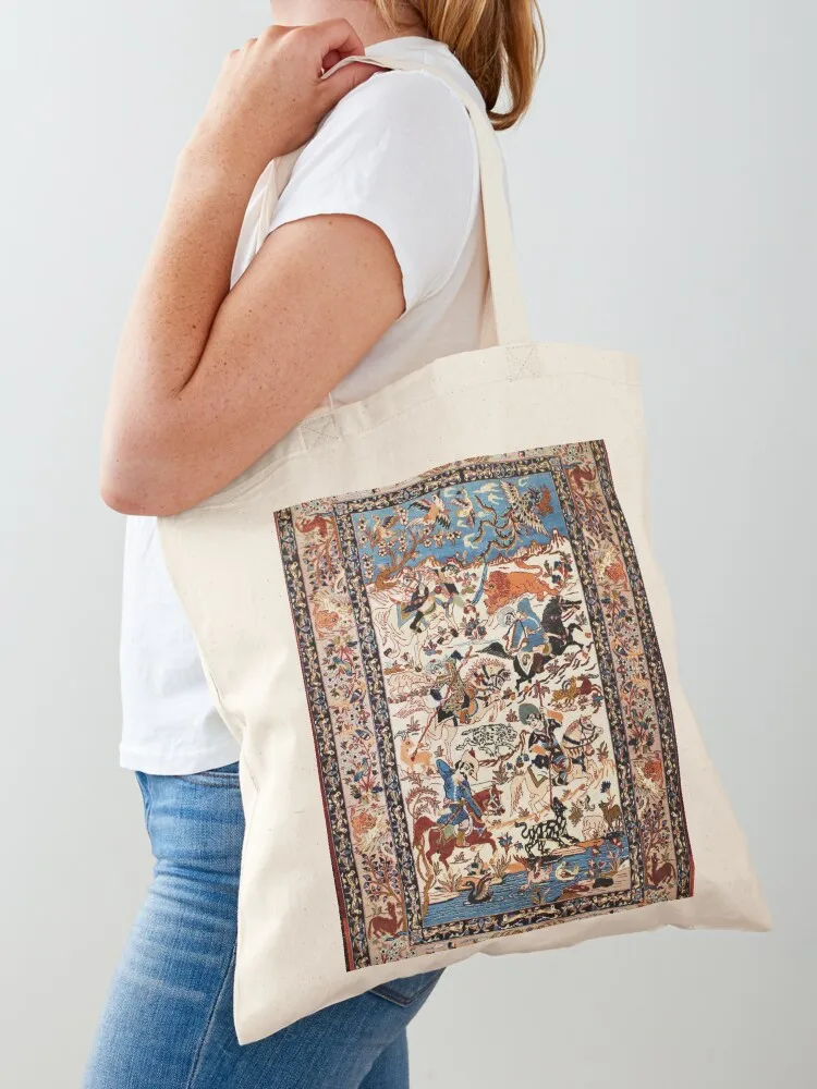 

Blue Antique Persian Isfahan Silk Rug with Flowers Animals Print Tote Bag custom fabric bag large tote bag Fabric