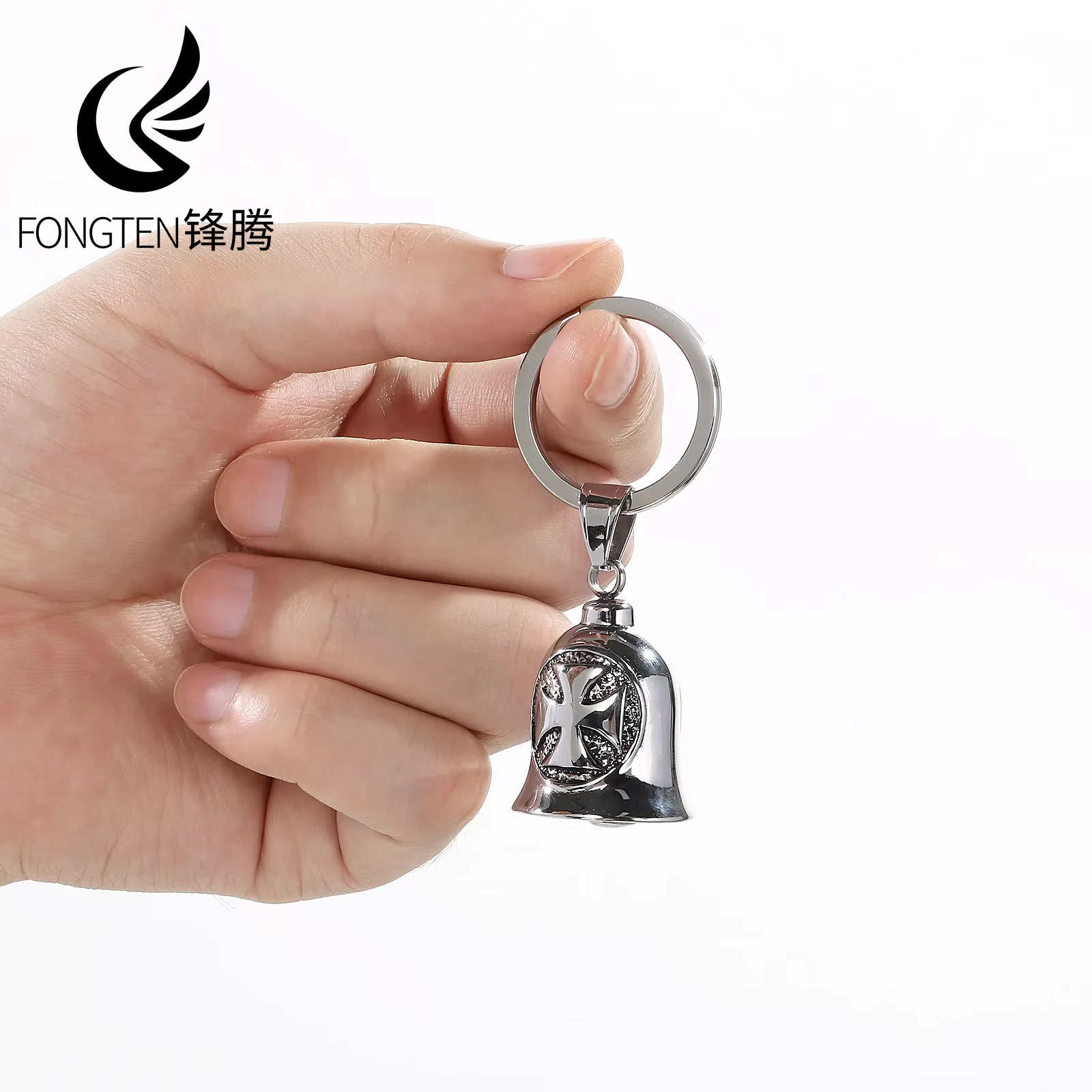 Fongten Freemason Cross Angel Wings Bell Stainless Steel Keychain Viking Triangle Symbol Locomotive Suspension Bell Men Jewelry
