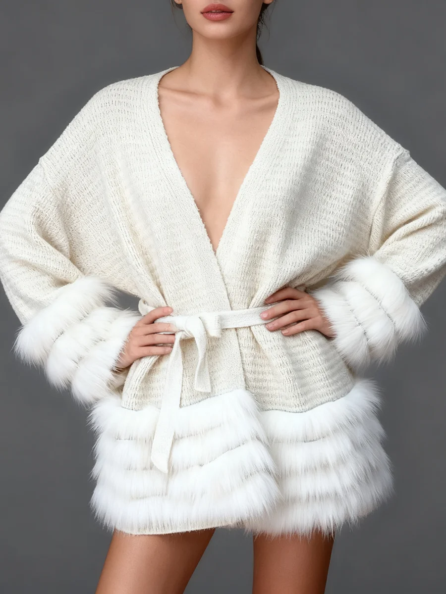 TWOTWINSTYLE Solido Allentato Impiombato Lace Up Eleganti Giubbotti per Le Donne Con Scollo A V Maniche Lunghe Patchwork Pelliccia Volant Giacca Femminile Nuovo