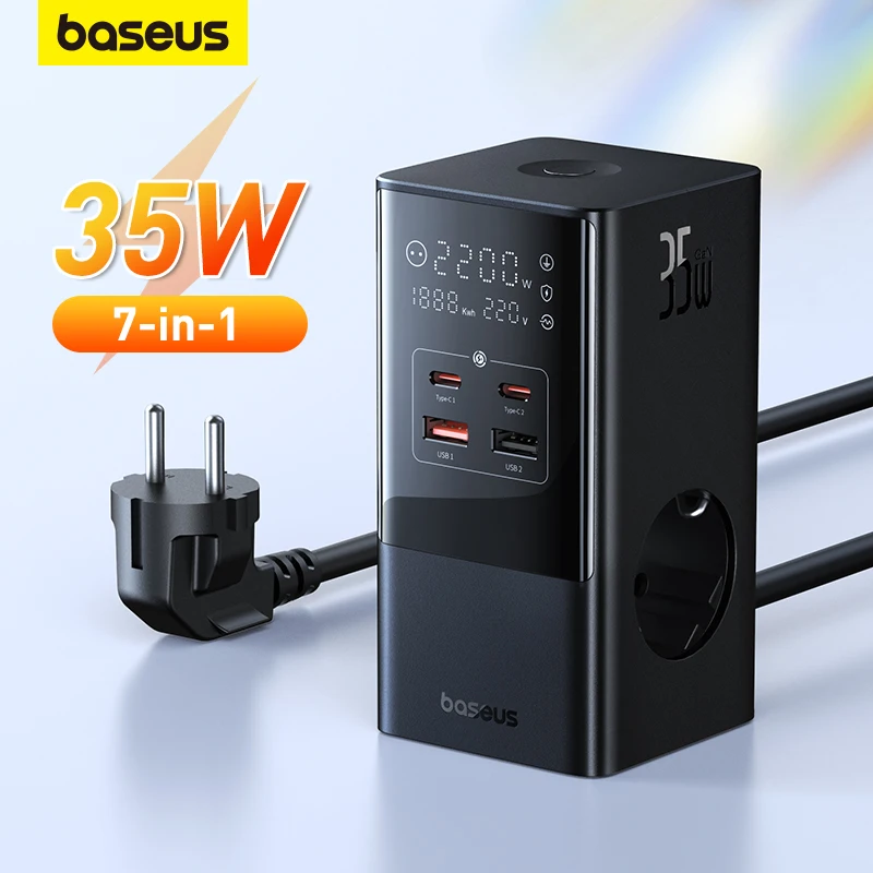 Baseus 35W Fast Charging Digital Power Strip 7-in-1 Charging Station 4000W Rated Power Digital Display For iPhone 14  13 Pro Max