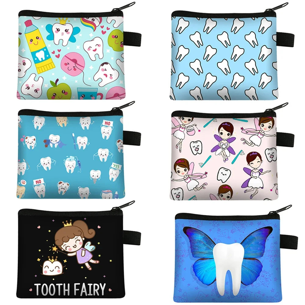 Cute Teeth Print Coin Purse Women Wallet Tooth Fairy Small Clutch Bag Candy Money Coin Bags Dental Clinic Mini Purses Gift