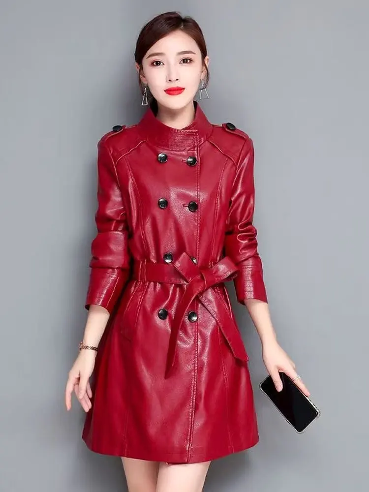 Spring Autumn Genuine Leather eepskin Coat Women's Slim Fit Long Sle Korean Version Heaning Windbreaker Jaet