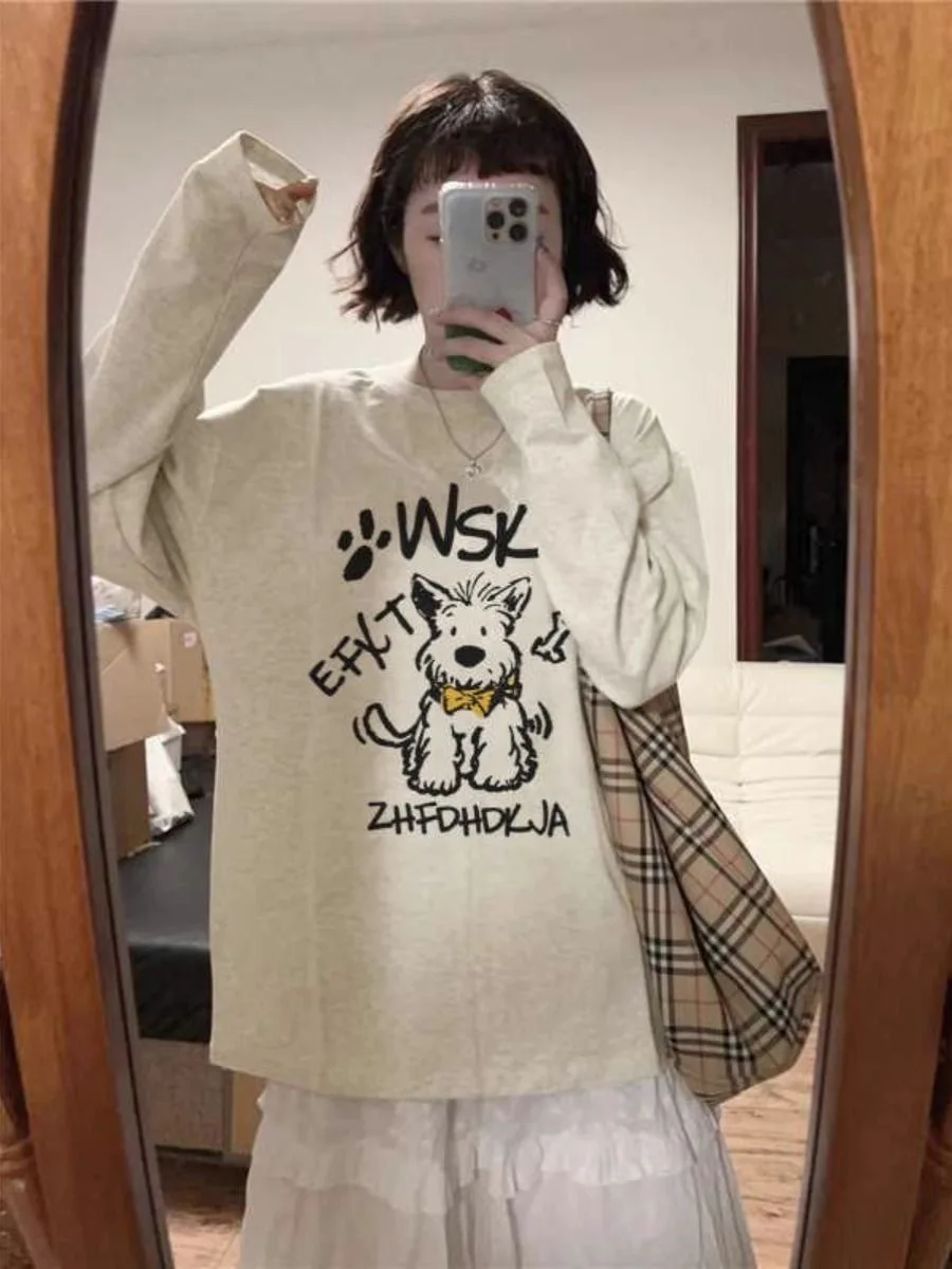 100% Cotton Women Long Sleeve T Shirts Y2K Letter Cartoon Dog Printed 2024 Shoujo Girl Style Clothes Aesthetic Sweatshirt Teens