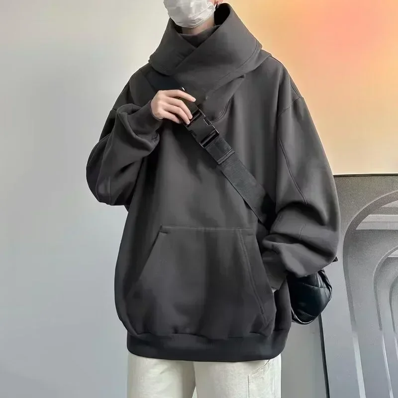 Sonbahar düz renk Ninja balıkçı yaka Hoodies erkekler için Y2K Vintage polar tişörtü Hip Hop japon streetwear büyük boy kapşonlu