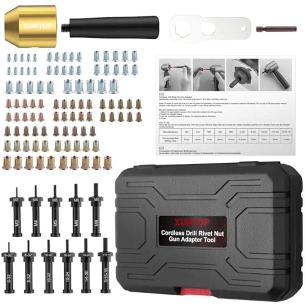 طقم محول مثقاب صامولة برشام مع 100 قطعة من ملحقات الجوز، سهل التركيب، محول مسدس الجوز لمسدس برشام كهربائي