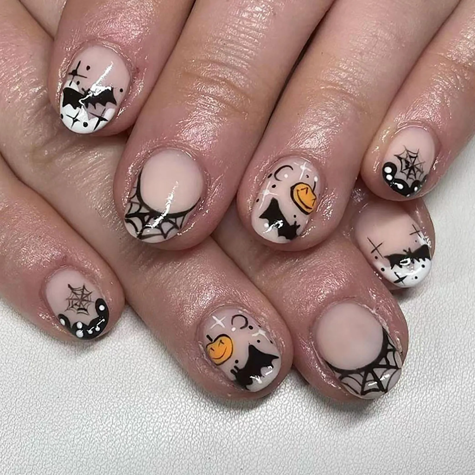 24pcs French Glossy Fake Nail Halloween Cartoon Print Artificial Nail Manicure Art for Outgoing Dress Matching