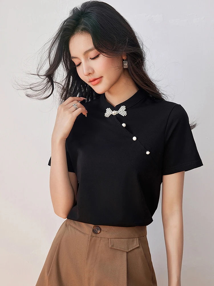 2024 Retro New Chinese Style Plate Buckle Stand-up Collar Top t-shirt Slim a maniche corte estate donna nuovo Casual Versatile