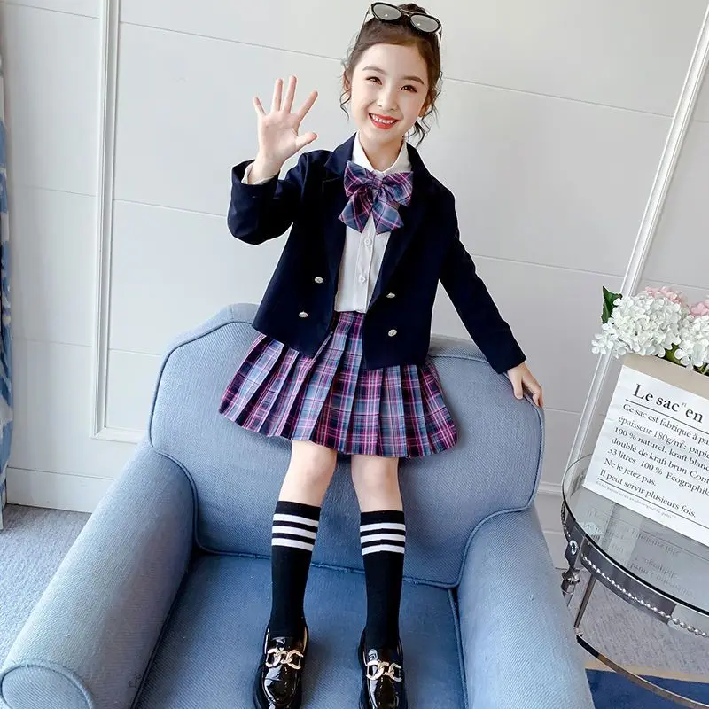 Meisjes College Stijl Jk Uniform Plooirok + Shirts + Jas Sturen Sok Tie 2023 Zomer Kinderen Grote Kinderen School student Zweet Doeken