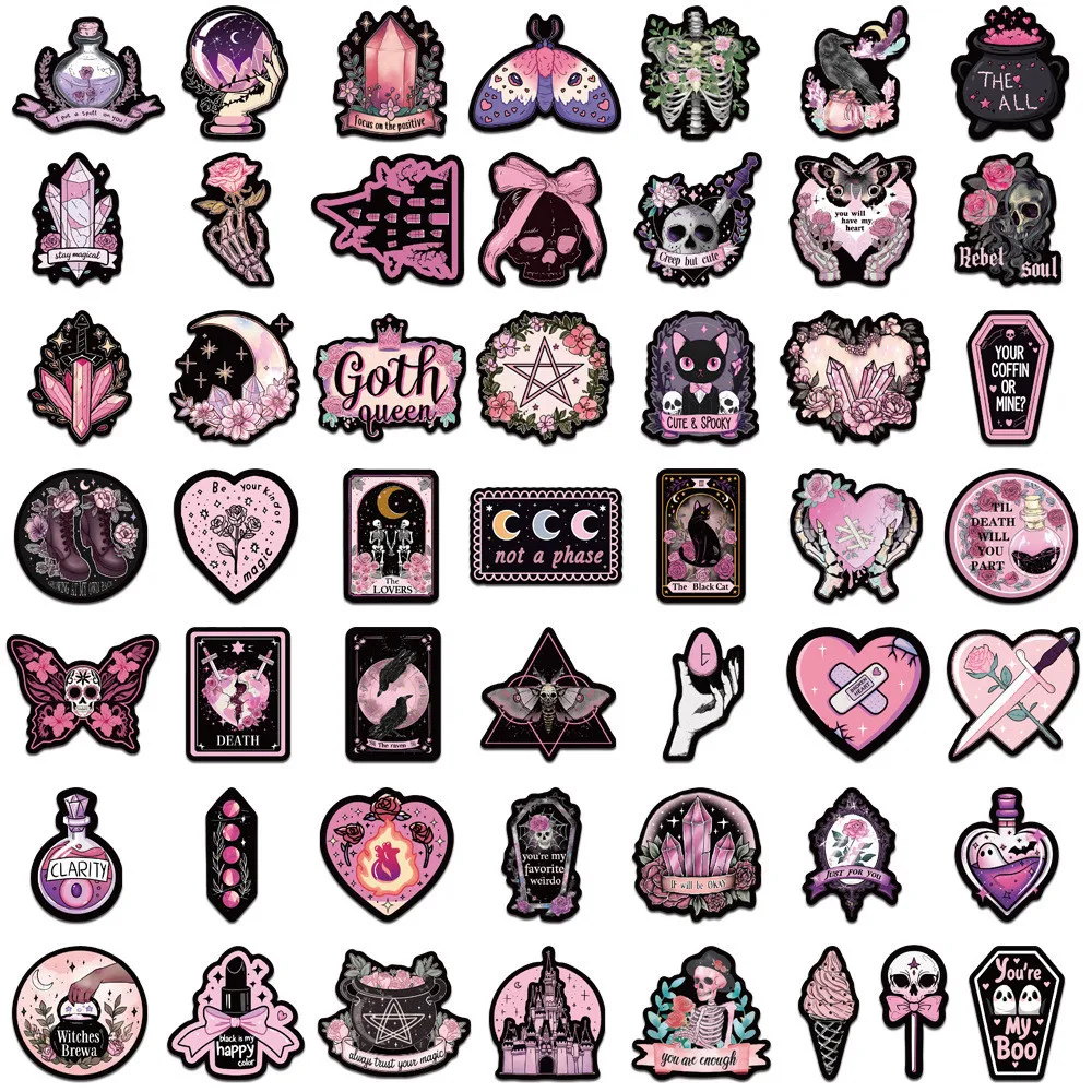 50PCS Pink and Black Gothic Waterproof Graffiti Stickers for Helmet Bicycle Hand Account Pencil Case Decals - view 6