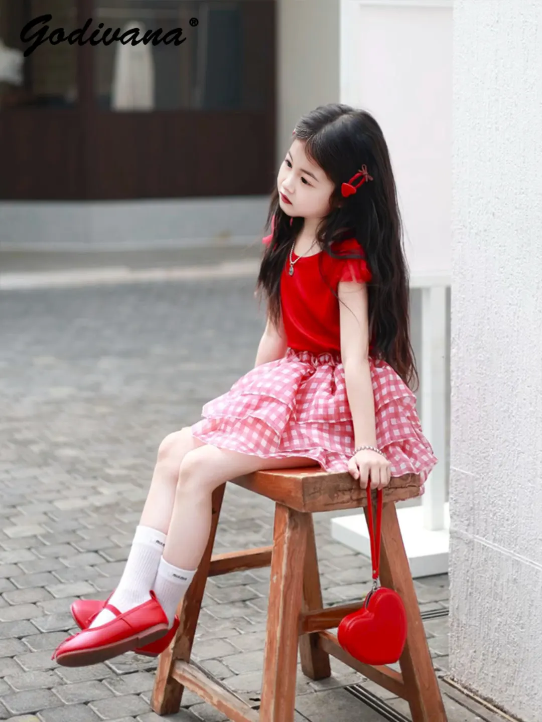 Sweet Baby Girls Summer 2026 New Two Pieces Set Childrens Fashion Red Feifei Sleeves O-neck T-shirt and Mesh Plaid Tutu Skirt