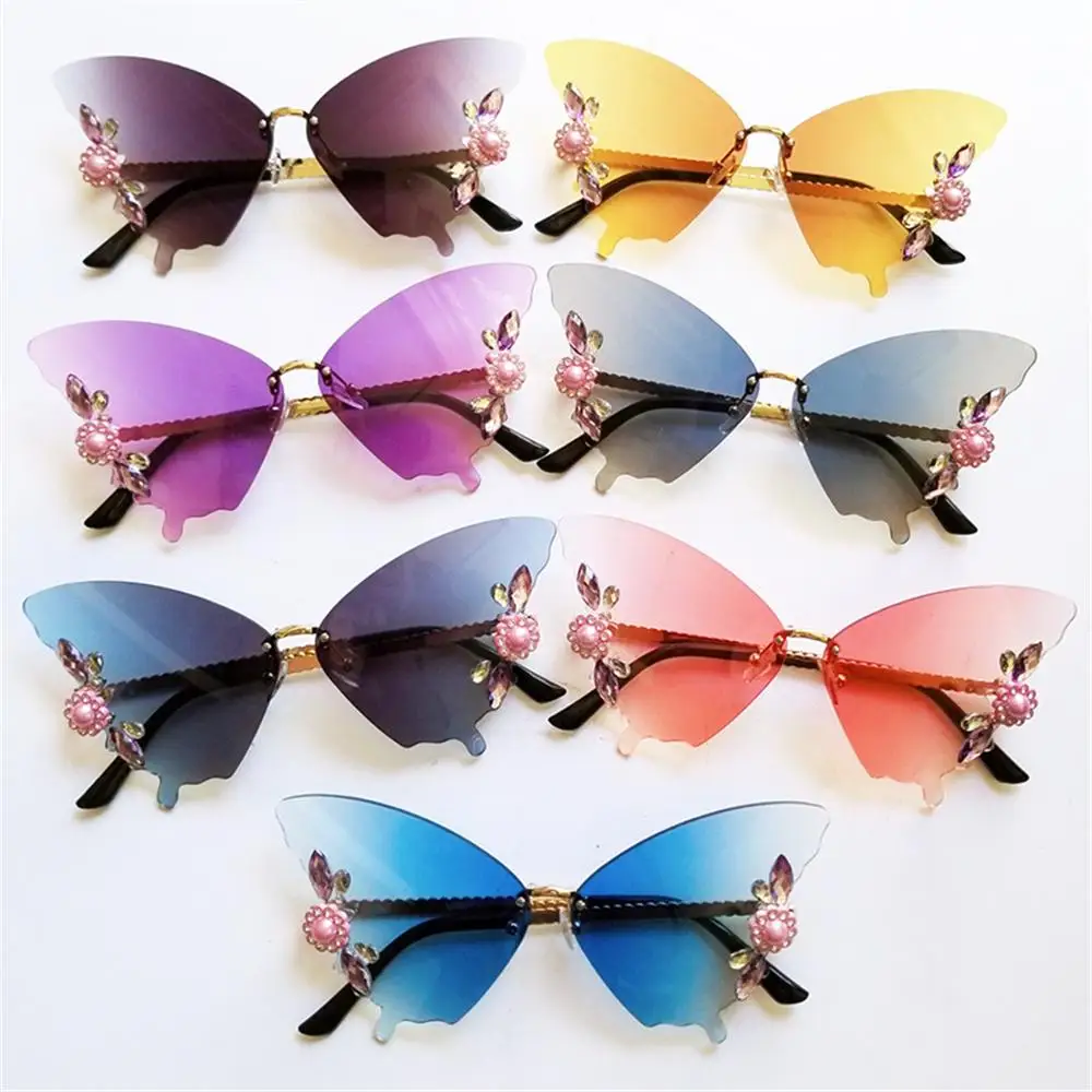 UV400 Bling Streetwear Rimless Sun Glasses Shades Crystal Butterfly Sunglasses Diamond Glasses