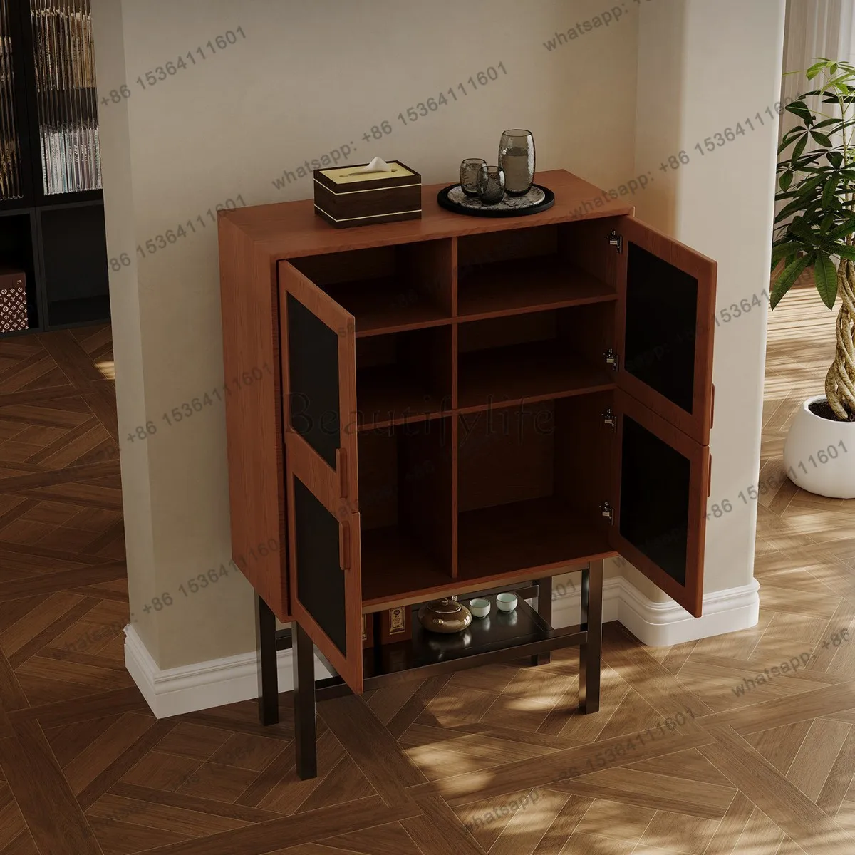 Medieval solid wood dining side cabinet, living room household ash wood storage cabinet, light luxury and high-end sense
