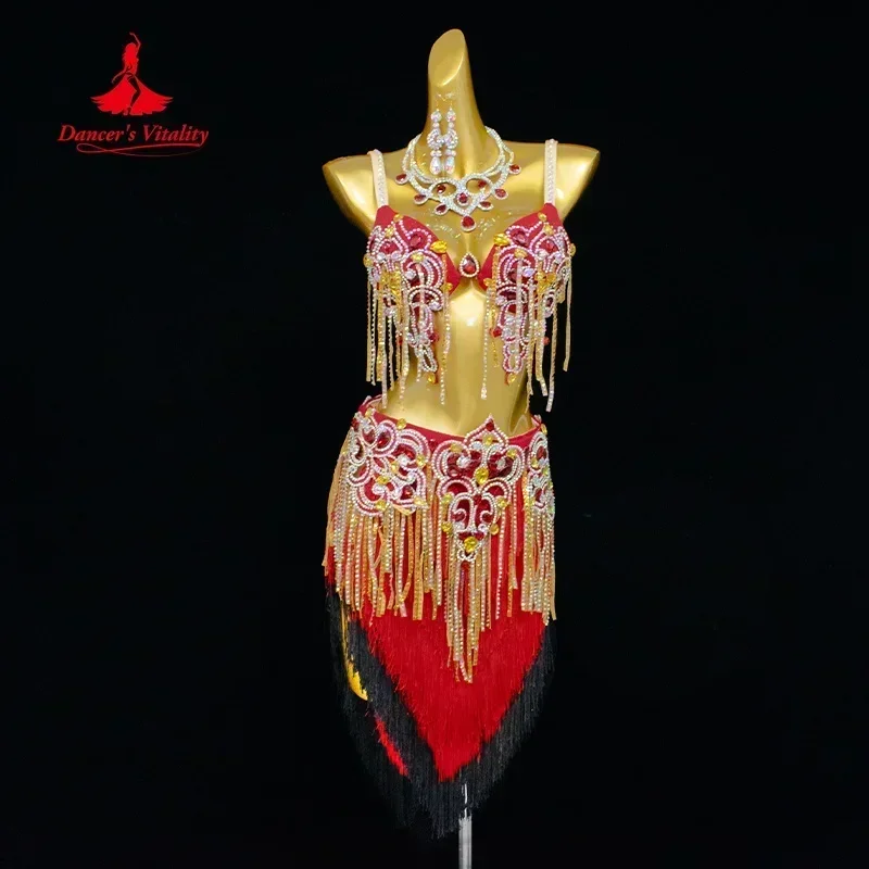 Belly Dancing Performance Costume Set High-end Customized AB Stones Bra+Tassel Skirt 2pcs Adult and Child Competition Clothing