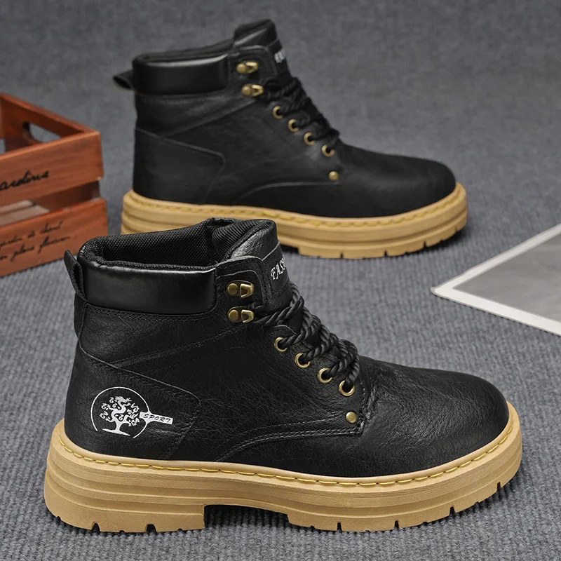 

Brand Black Men's Motorcycle Boots Platform Work Boots Man Street Outdoor Biker Shoes Men Leather Ankle Boots for Men Casual