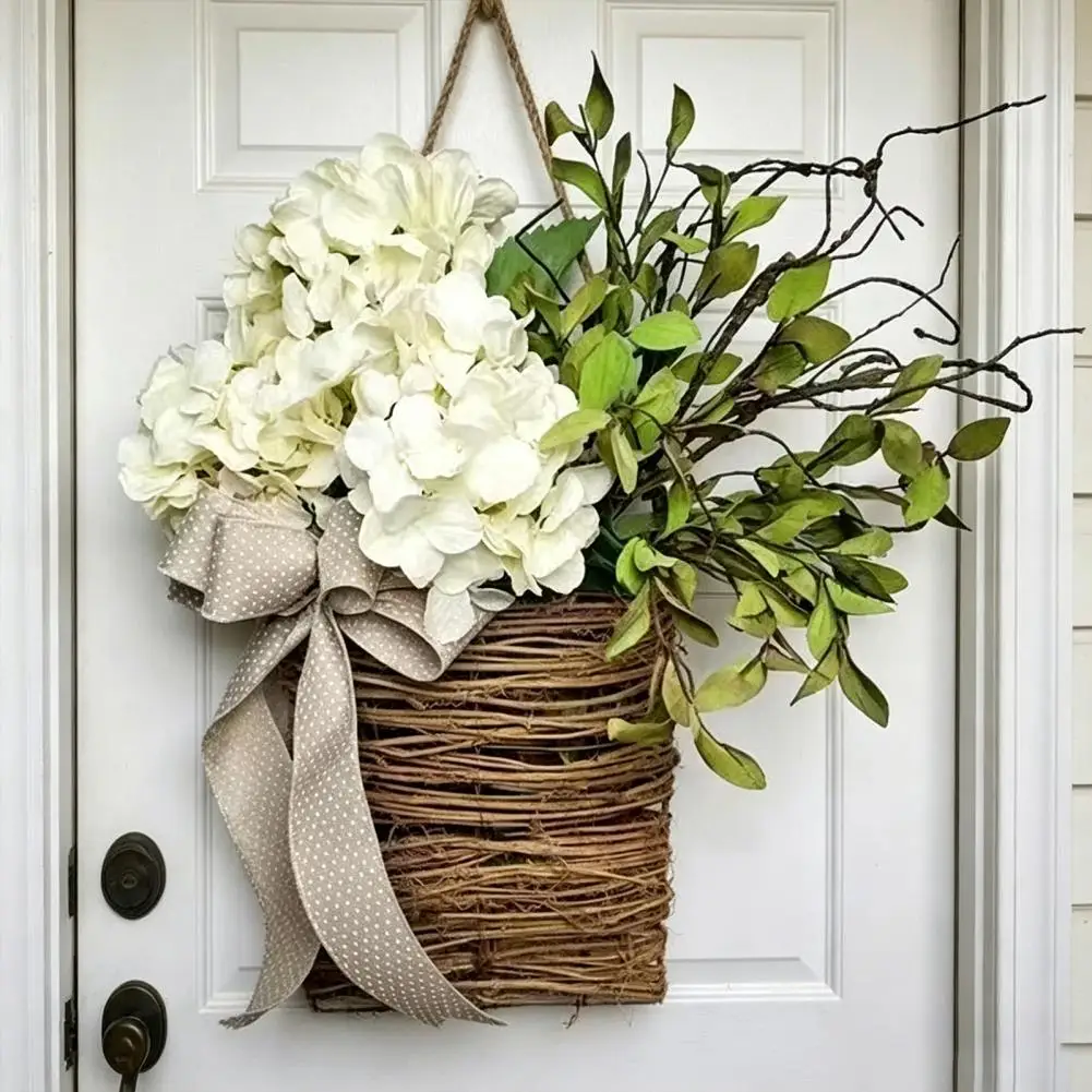 Faux Flower Basket Faux Hydrangea Door Hanger Basket Wreath with Bow Spring Summer Artificial Flower Arrangement Farmhouse Front
