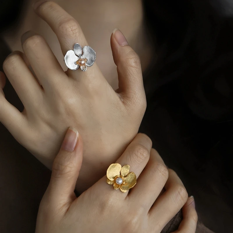 Pearl Golden Silver Color 3D Phalaenopsis Flower Resizable Statement Ring Women Fashion Unique Big Wide Open Rings Party Gift