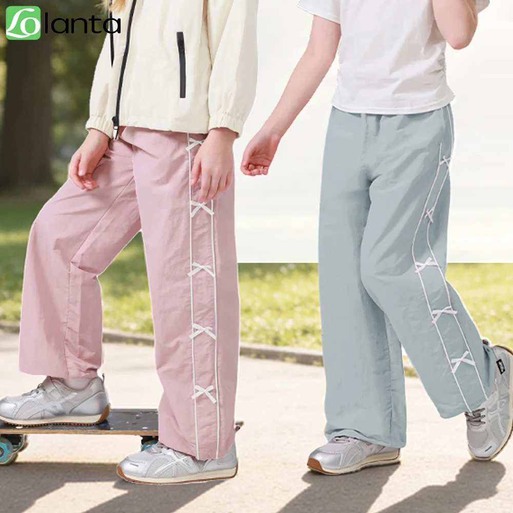 

Rolanko Girls Trousers Elastic Waist Straight Leg Loose Fit Waterproof Parachute Jogger Pants with Bow for Teens 9-15 Years