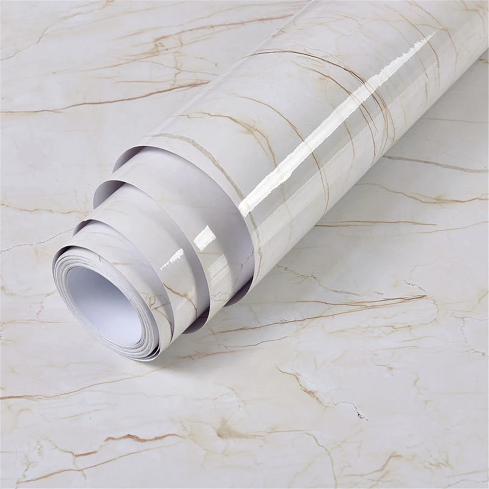 Vinyl Marble Stickers Thick Beige Line Marble Wallpaper Self-Adhesive Kitchen Waterproof Cabinet Desktop Table Renovation