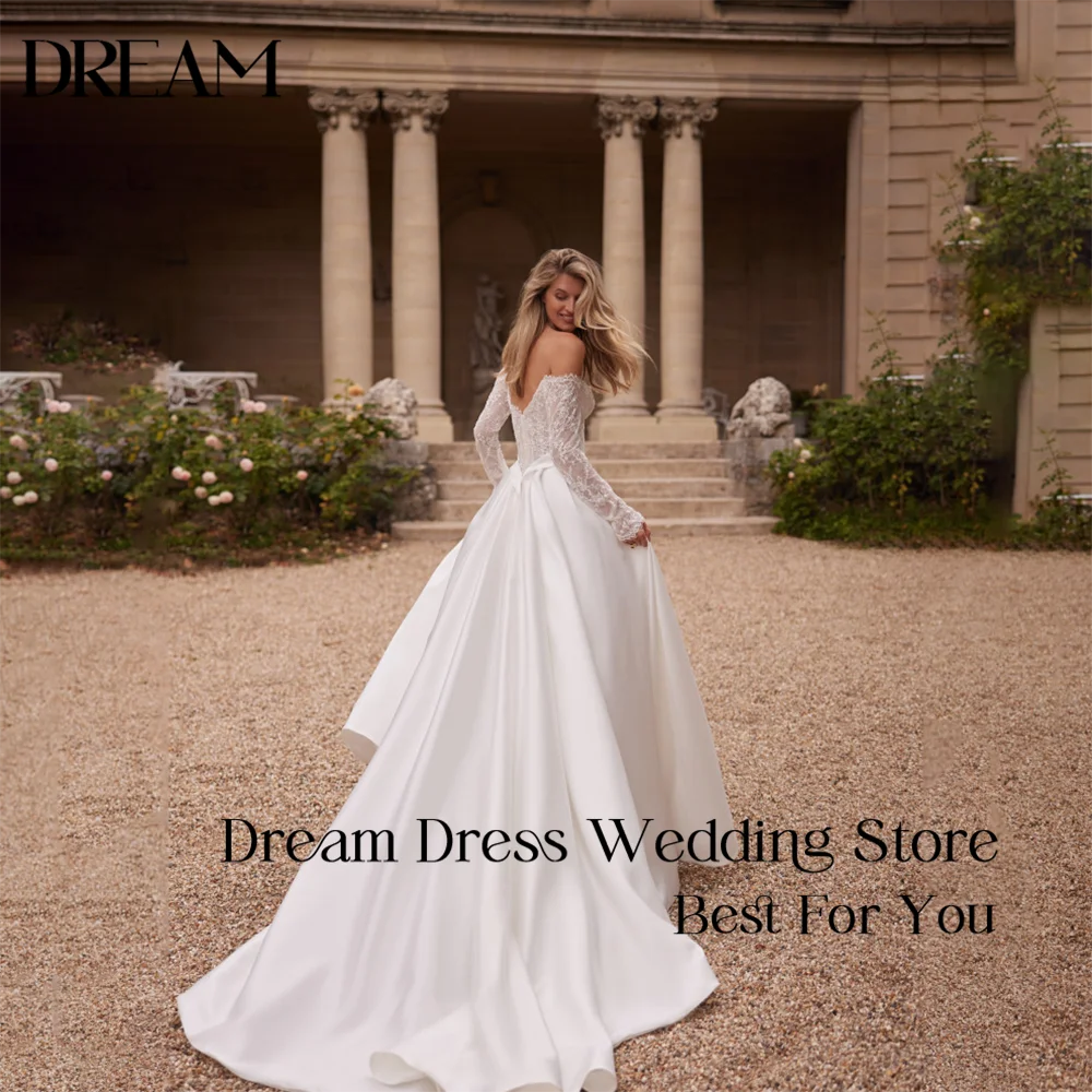 Dream Customized Elegant Wedding Dress Off-the-Shoulder Lace Long Sleeves Corset Satin High Slit Ball Gown Train Bridal Gowns