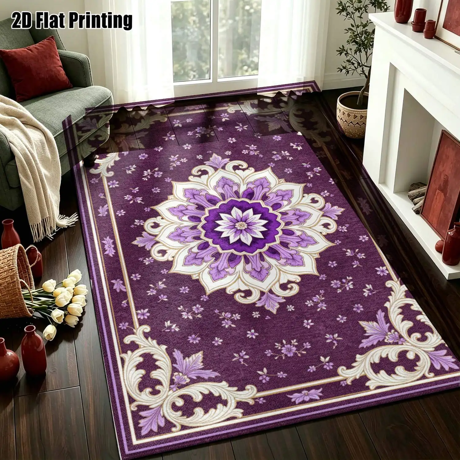 1Pc 2D Printed Purple-Toned European Retro Scroll Flower Carpet, Machine Washable, Multi-Size, for Home Decor & Multi-Scenario Use