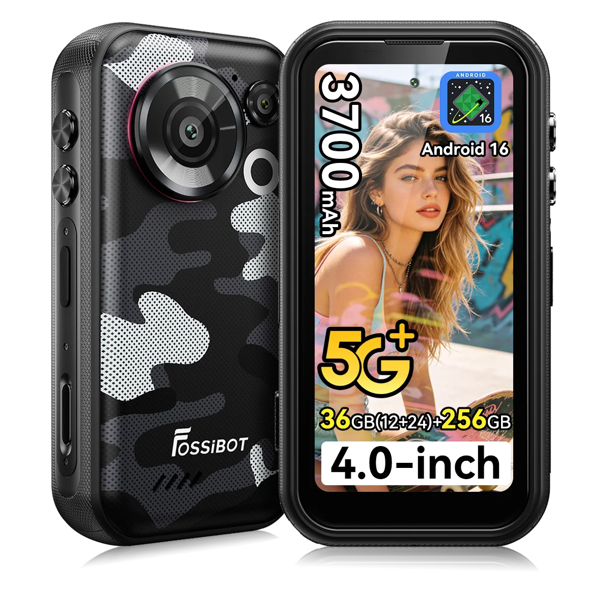 Robuuste 5G-smartphone Fossibot F116 Pro, 36GB (12+24) + 256GB, 4-inch mini-scherm, 3700mAh-batterij, 33W opladen, Dimensity 7300-processor, 12GB+256GB, Android 16, actiecamera met 152,6° groothoek,