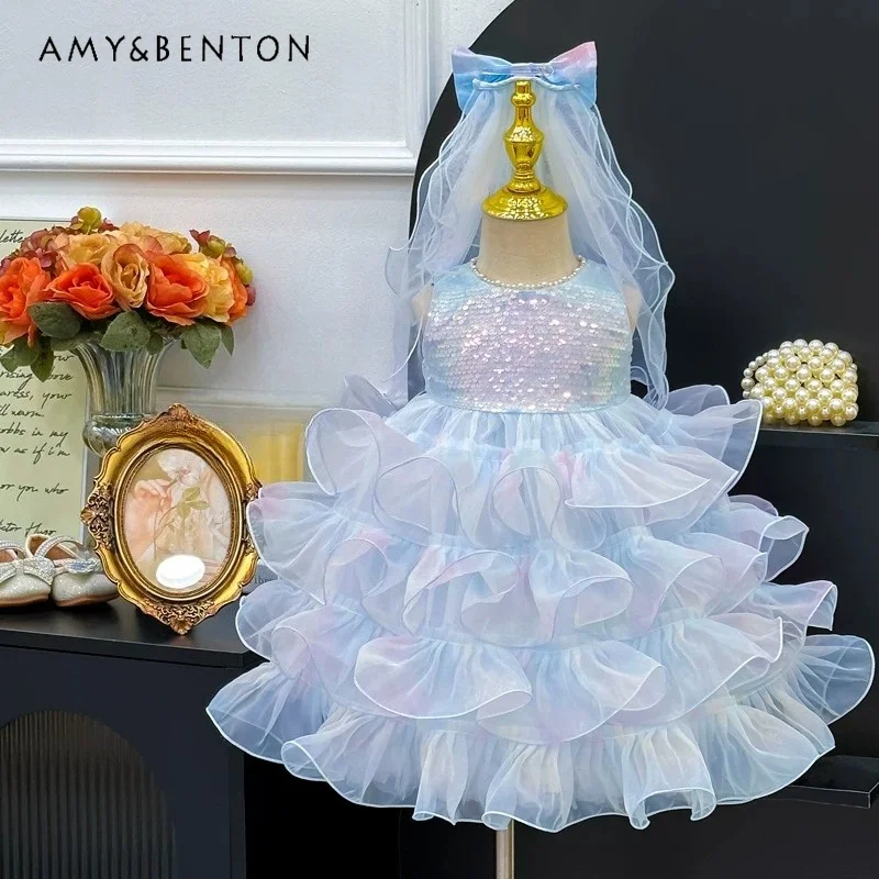 

2026 Summer Kids' Pink Sequin Tiered Tulle Cake Dress Sleeveless Princess Party Gown with Matching Bow Headpiece Girls Dresses
