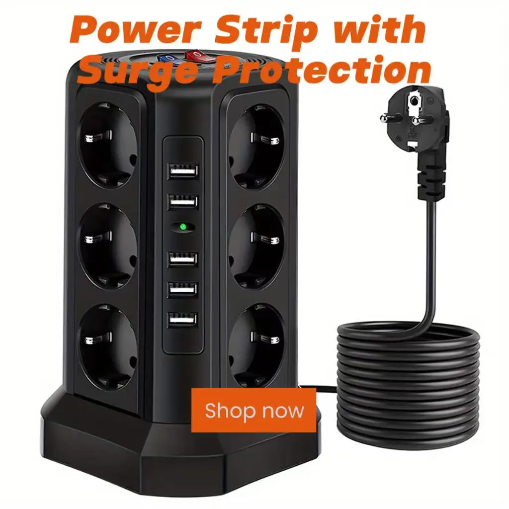 EU Tower Power Strip with Surge Protection, 12 Outlets and 5 USB Ports, Desktop Extension Socket