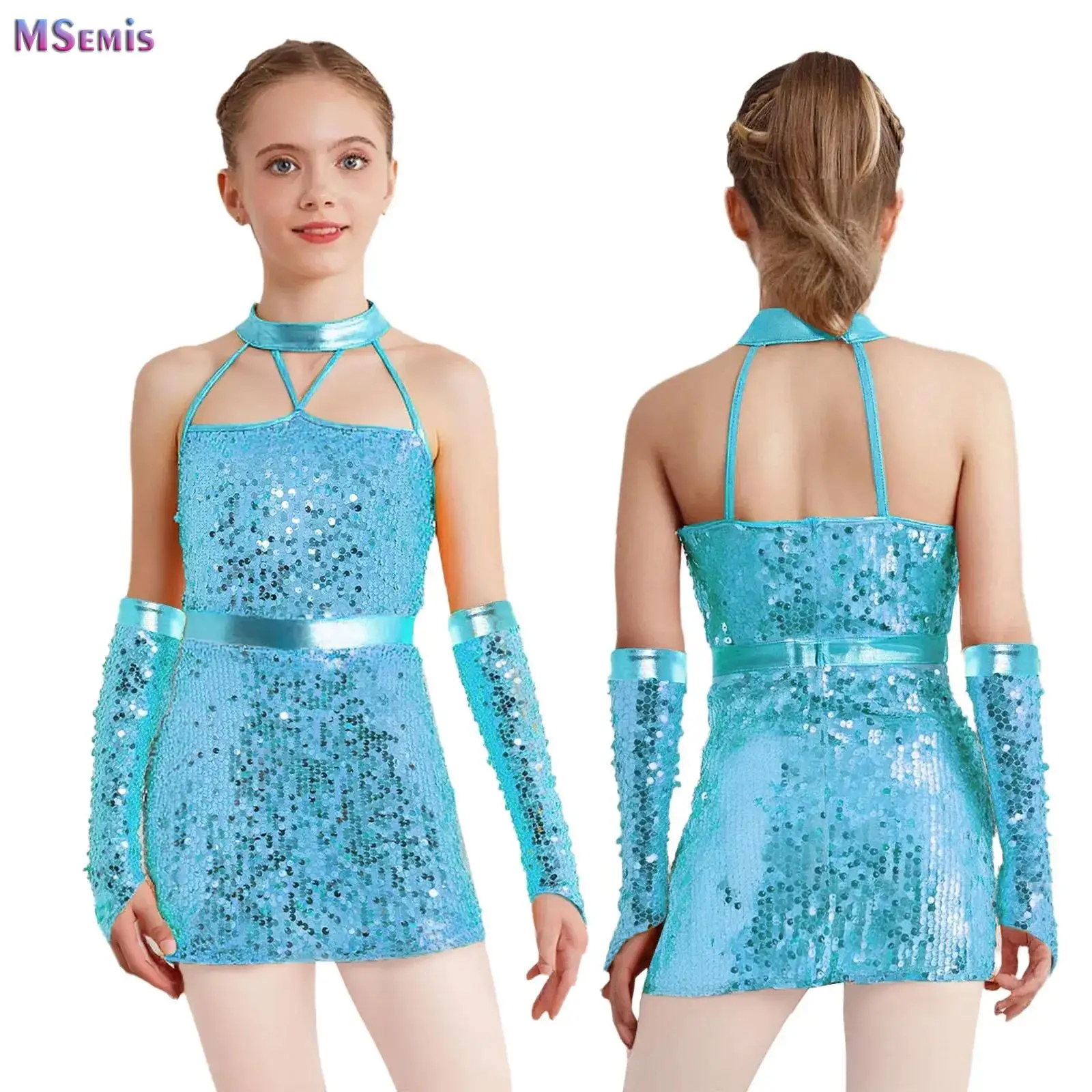 Girl's Sequins Dance Unitard Dress with Gloves Bodysuit Children Leotard Kids Cheerleading Jazz Dance Latin Performance Costumes
