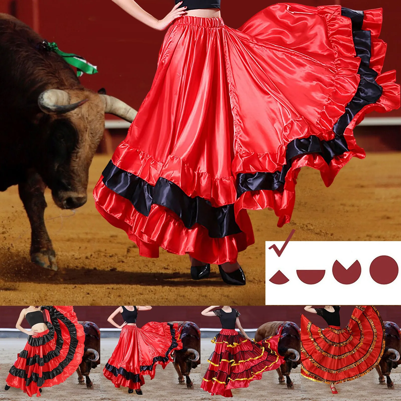 Falda de danza del toro español para mujer, falda de danza del vientre, falda oscilante grande con volantes, falda mexicana folclórica completa, vestido de baile fluido