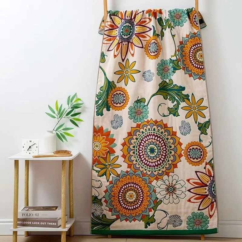 Pure Cotton Gauze Bath Towel Vintage Jungle Leopard Floral Print Super Absorbent Soft Large Shower Towel No Fluorescent Agent