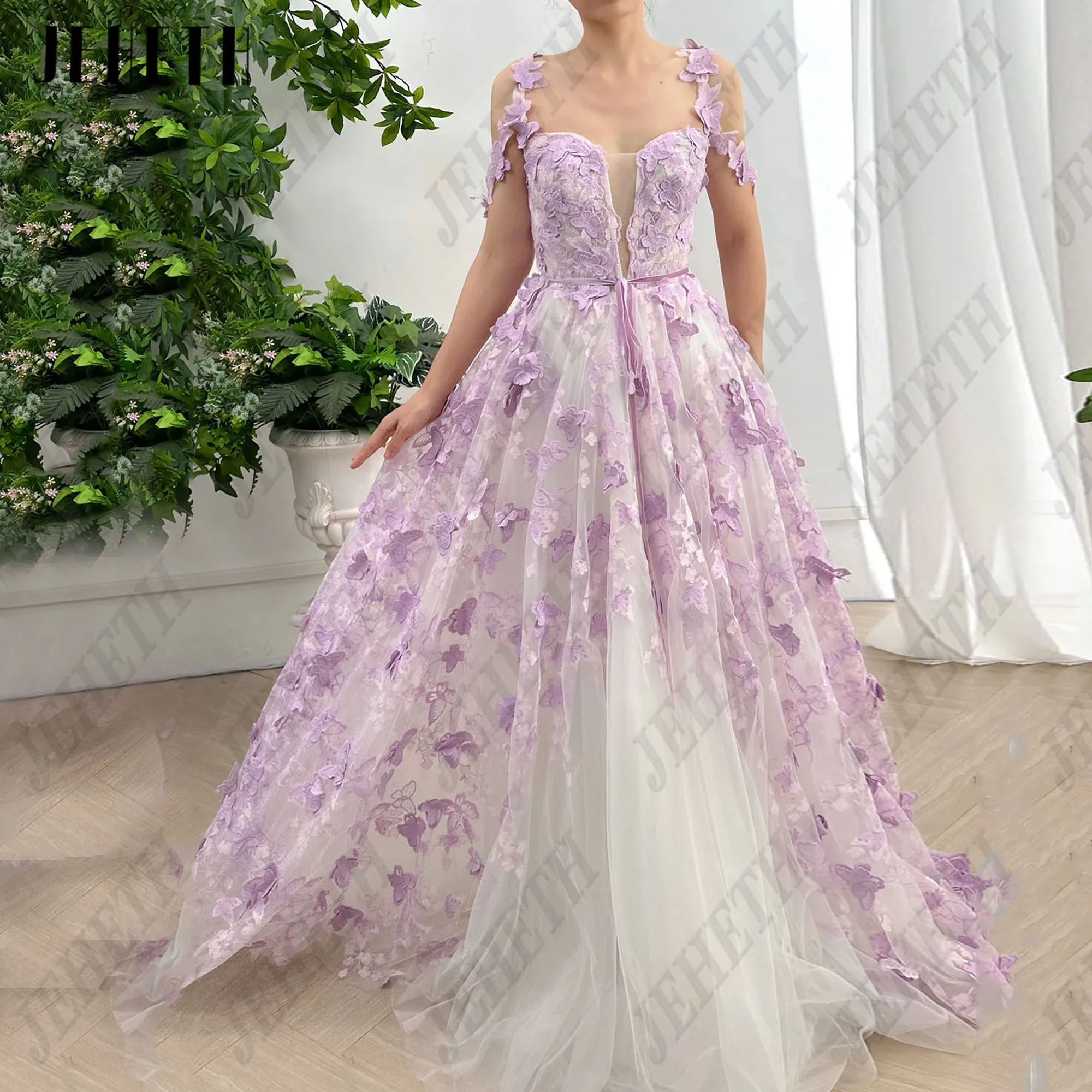 JEHETH Lavender Butterfly Lace Prom Dress Sweetheart Spaghetti Straps Corset Long Wedding Party Dresses Formal Evening Gowns